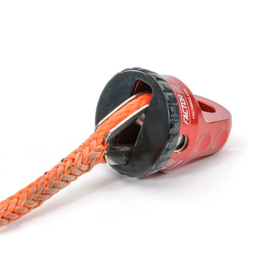 A Factor 55 Shackle Mount in Red 00015-01 with a hook attached to it, commonly used for recovery straps and conventional winch hooks.