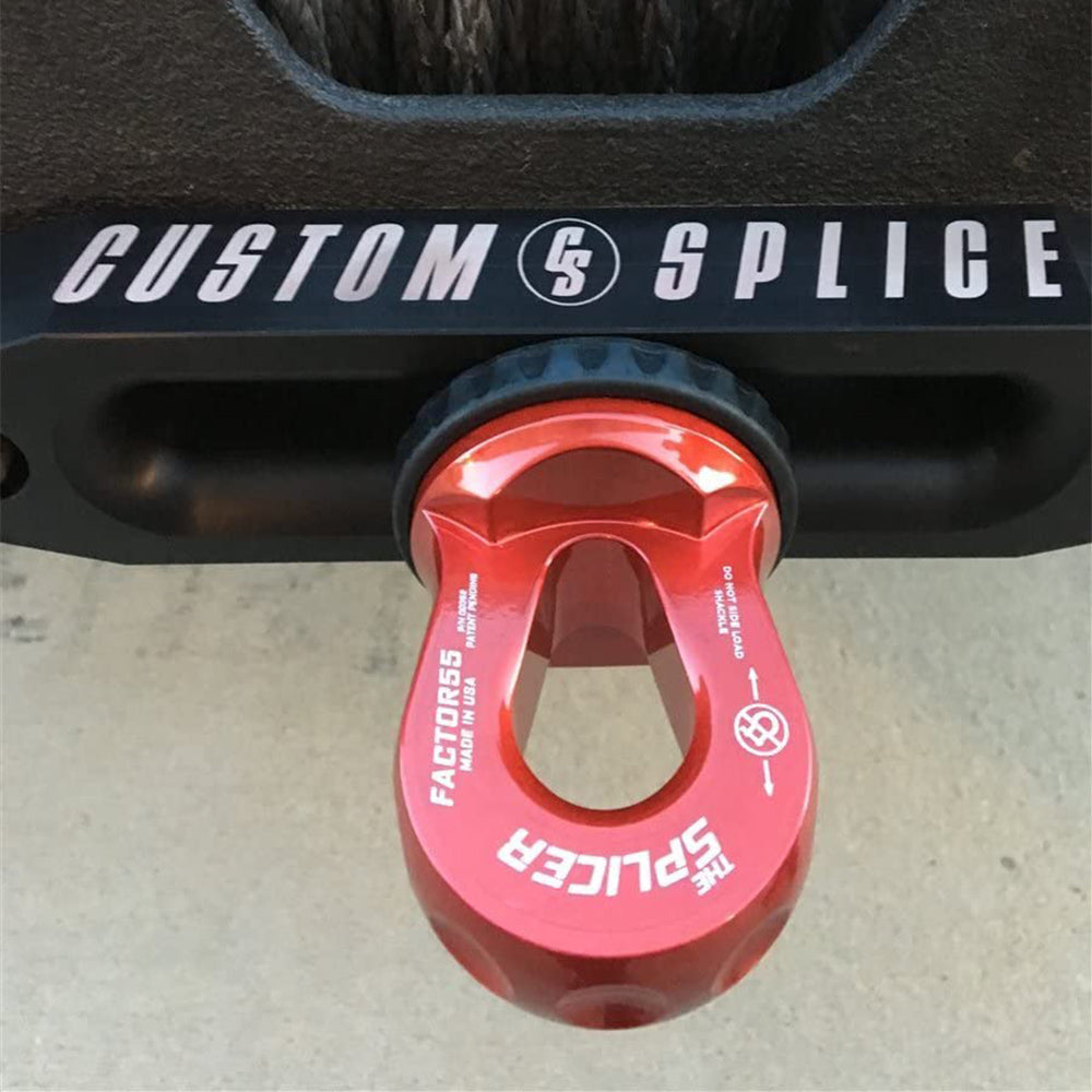 A red Factor 55 Splicer Shackle Mount Thimble in Gray 00352-06 with the words custom splice on it, designed for use with synthetic winch rope.