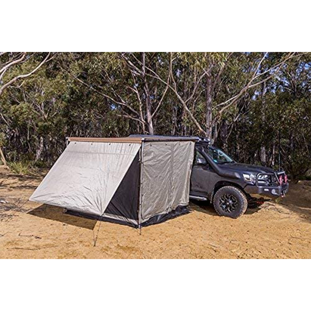 A truck with the ARB Deluxe Awning Room with Floor 813208A attached to it, providing weather protection.