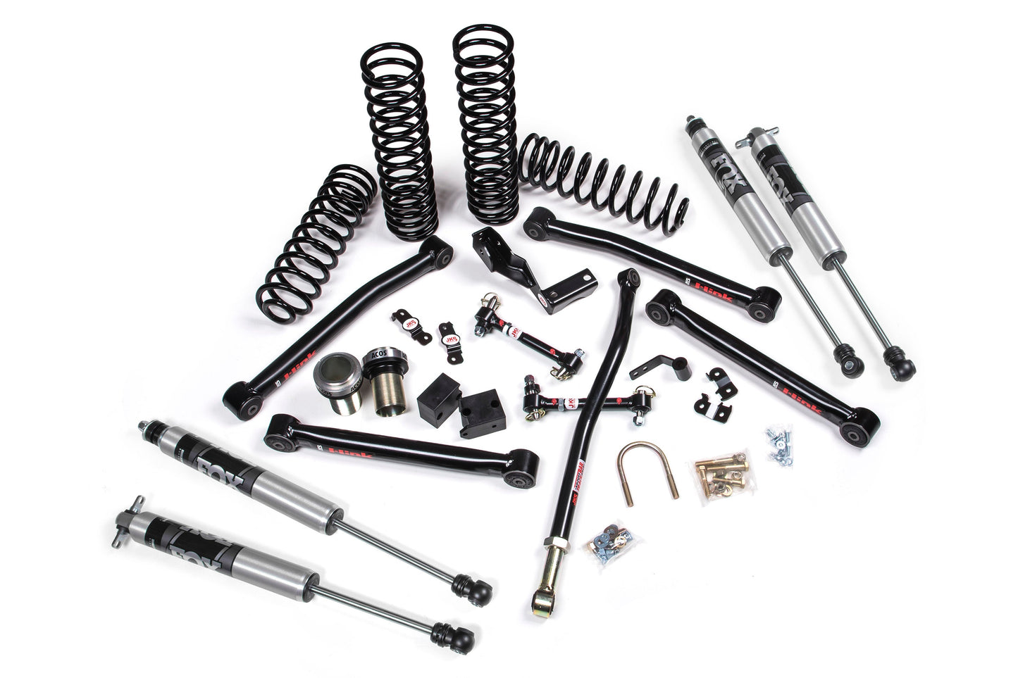 A JKS 3.5 Inch Jeep Wrangler JK (06-18) 2 Door J-Lander Lift Kit by JKS, with springs to enhance offroad articulation and tire recommendations.