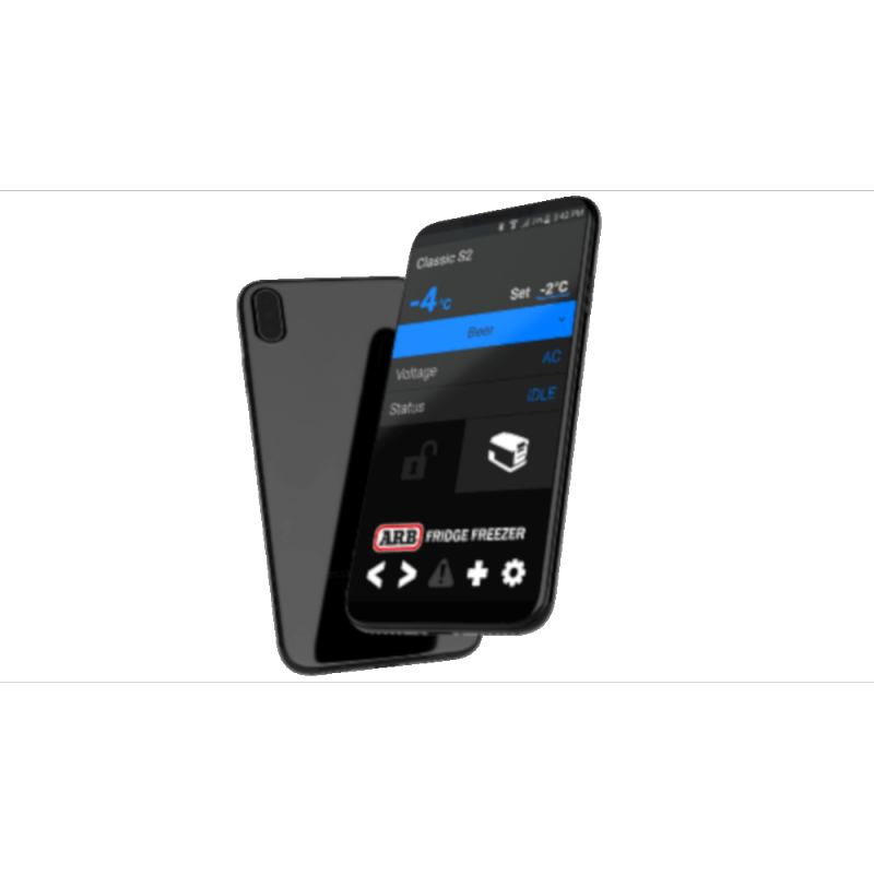 An ARB Classic Series II Fridge Freezer App Connect Module with a blue button on it.