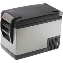 Load image into Gallery viewer, A black and silver ARB Classic Series II 50 Quarts Portable Fridge Freezer Electric Powered 12V/110V 10801472 on a white background. The metallic color of the cooler enhances its sleek appearance, making it an ideal choice for those seeking a stylish yet functional cooling solution. This portable ARB refrigerator is perfect for any outdoor adventure or road trip.