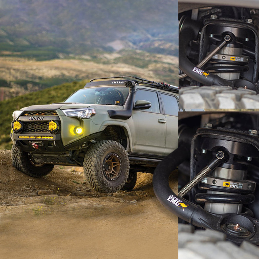 An Old Man Emu 4Runner equipped with an adjustable damping suspension system, glides smoothly on a dirt road thanks to its OME BP-51 2-3 inch Lift Kit for 4Runner w/ KDSS (10-23) advanced shock absorbers.