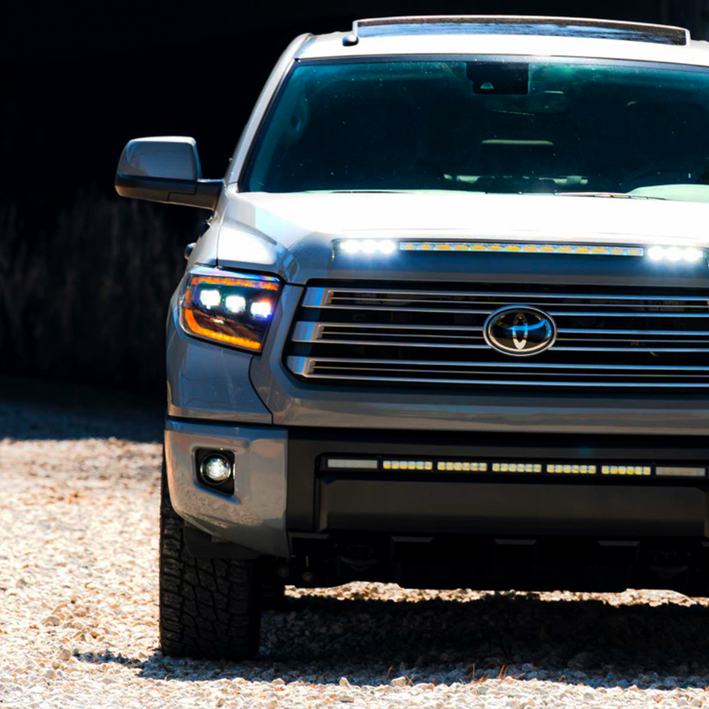 The front end of a gray Toyota Tundra with Morimoto XB Led Headlights LF532.2-ASM.