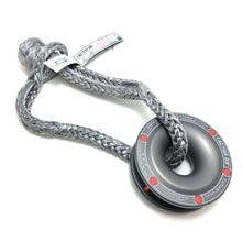Load image into Gallery viewer, A Factor 55 Rope Retention Pulley Snatch Block 00260, perfect for a soft shackle, with a gray rope and a red dot on it.