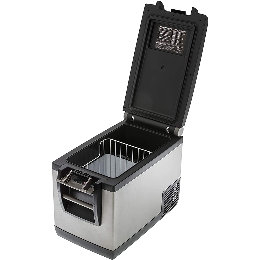 A black and silver ARB Classic Series II 50 Quarts Portable Fridge Freezer Electric Powered 12V/110V 10801472 with a lid open, equipped with a transmitting module for remote monitoring through a mobile app.