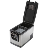 A black and silver ARB Classic Series II 50 Quarts Portable Fridge Freezer Electric Powered 12V/110V 10801472 with a lid open, equipped with a transmitting module for remote monitoring through a mobile app.