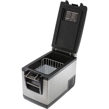Load image into Gallery viewer, A black and silver ARB Classic Series II 50 Quarts Portable Fridge Freezer Electric Powered 12V/110V 10801472 with a lid open, equipped with a transmitting module for remote monitoring through a mobile app.