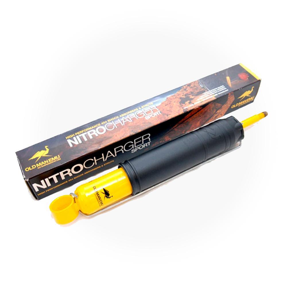 Old Man Emu Nitrocharger Sport Shock Absorber 60162 for Jeep Wrangler JL LWB 3.6L Petrol & 2.2L Diesel Engine Models in a box with a yellow handle, featuring high-quality oil.
