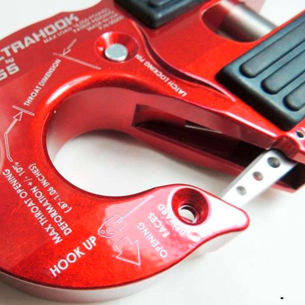 A Factor 55 UltraHook Winch Shackle Aluminum in Red 00250-01 with ultimate strength.