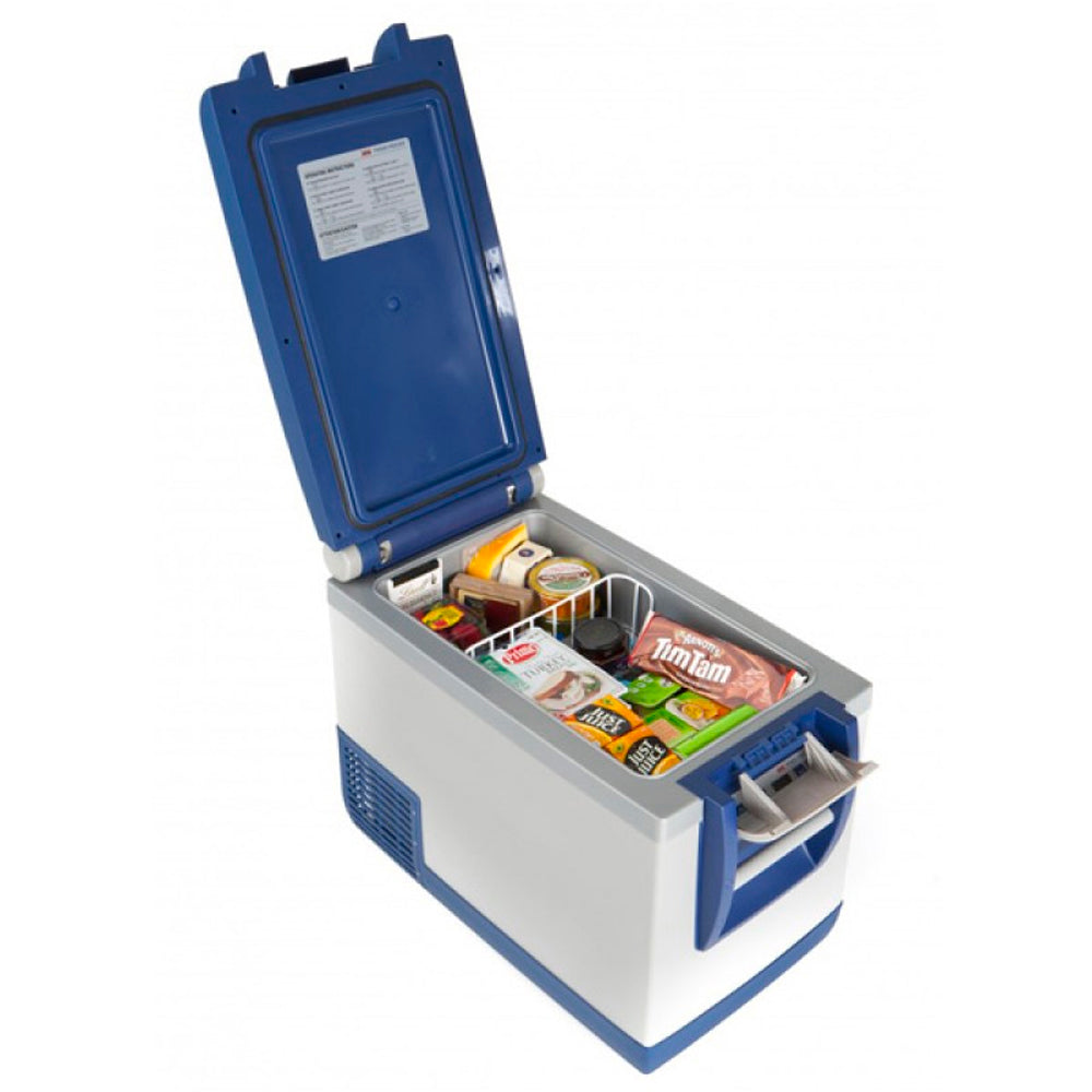 A blue and white ARB cooler containing various food items.