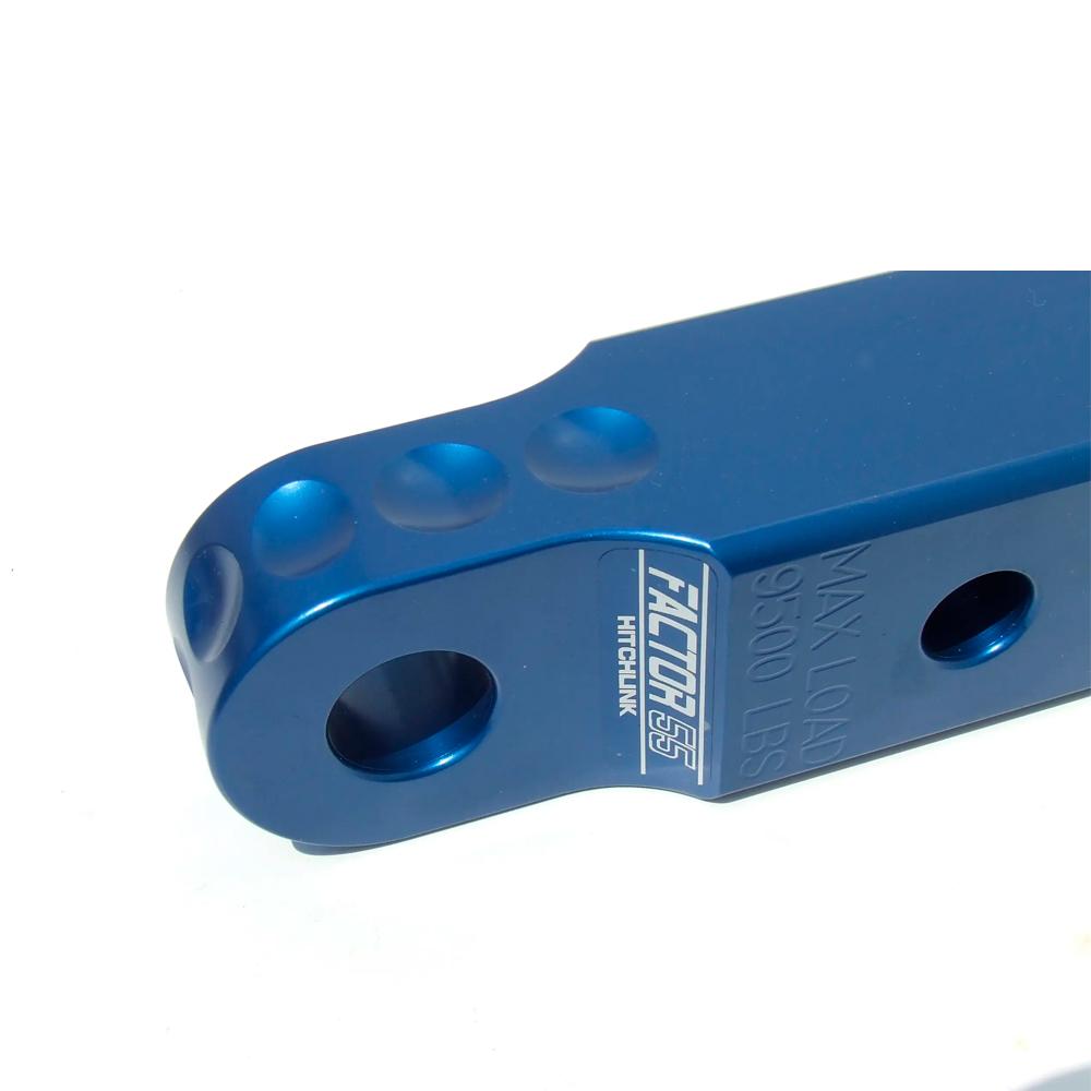 A blue aluminum Factor 55 HitchLink 2.0 00020-02 on a white background, made in USA.