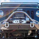 Enhance your jeep's front end with a Factor 55 FlatLink in Silver 00050-05, complete with a roller fairlead for effortless towing and a license plate mount for added convenience. Perfectly blend functionality and style with Factor 55.