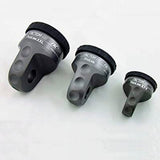 A set of three black and gray Factor 55 Shackle Mounts in Gray 00015-04 clamps on a white surface, featuring screw pin shackles.