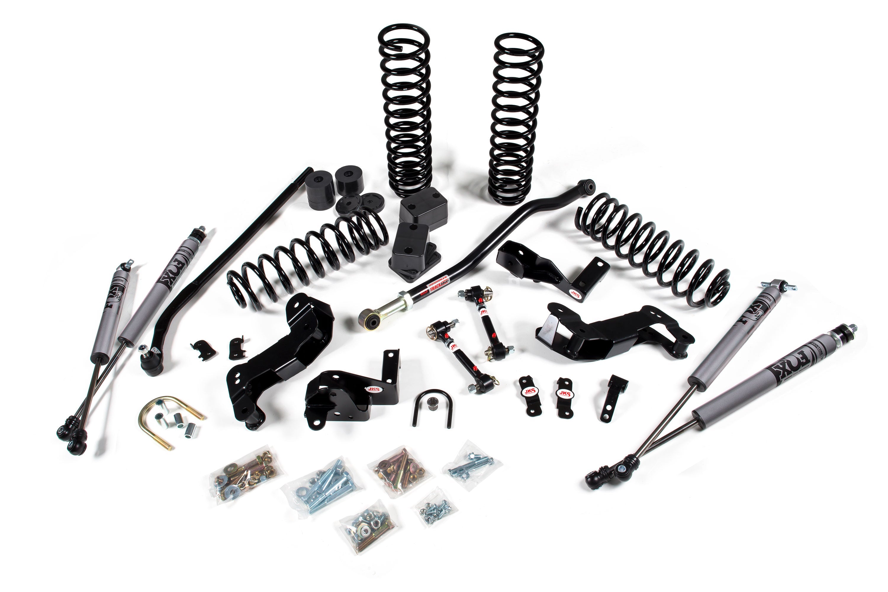 A JKS suspension kit for a Jeep, designed to enhance offroad articulation and steering angles.