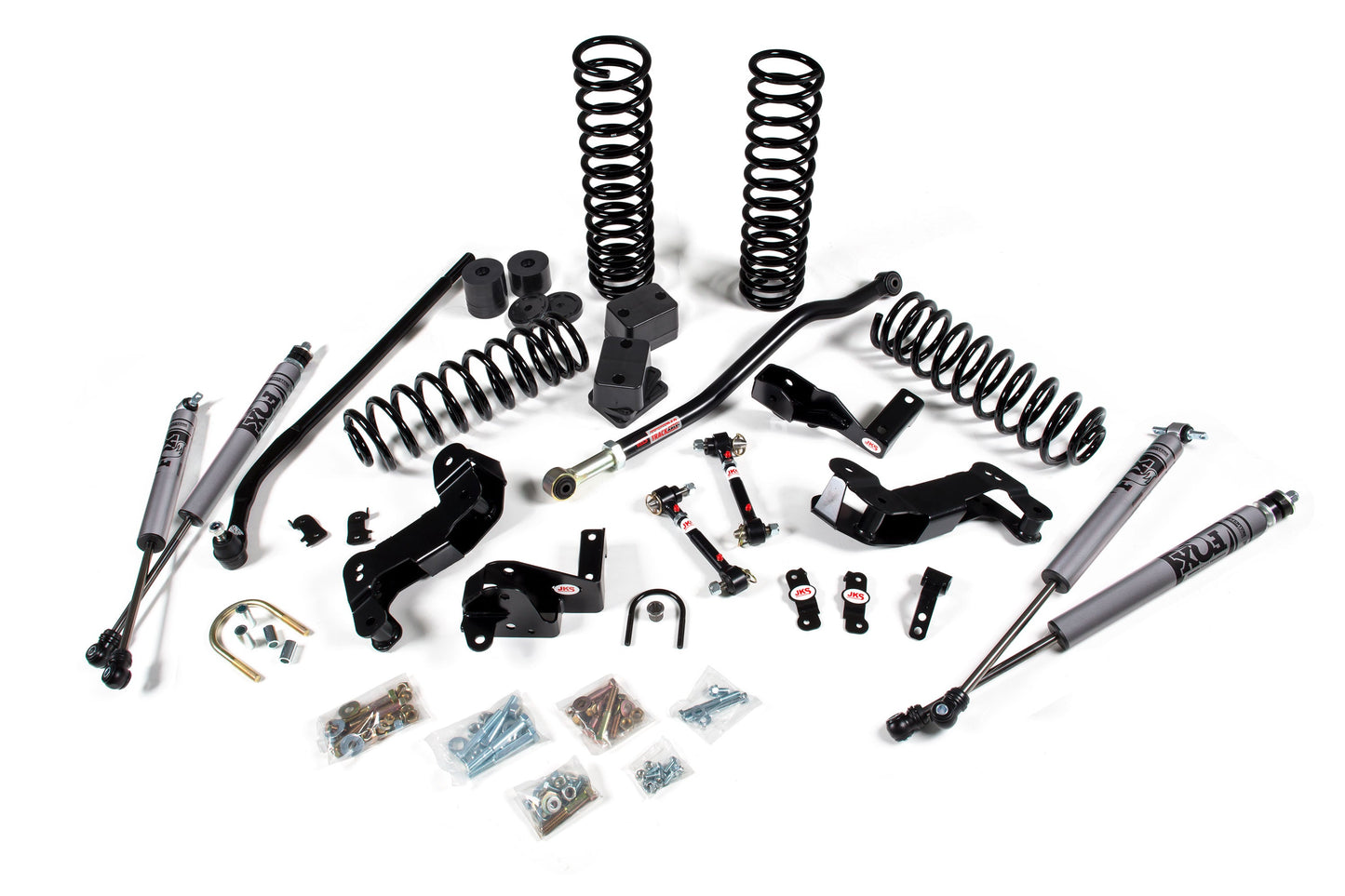 A JKS suspension kit for a Jeep, designed to enhance offroad articulation and steering angles.