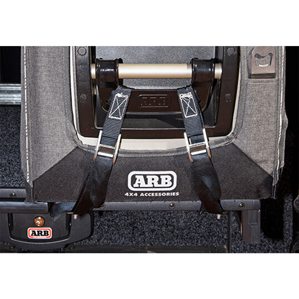 A vehicle secured with a tie-down system and equipped with an ARB Fridge Tiedown Kit System ARB 10900010.