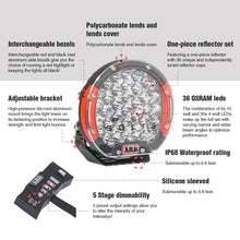 Load image into Gallery viewer, A diagram illustrating the adjustable bracket and light output features of the ARB Intensity Solis 36 Spot Light SJB36S LED work light.