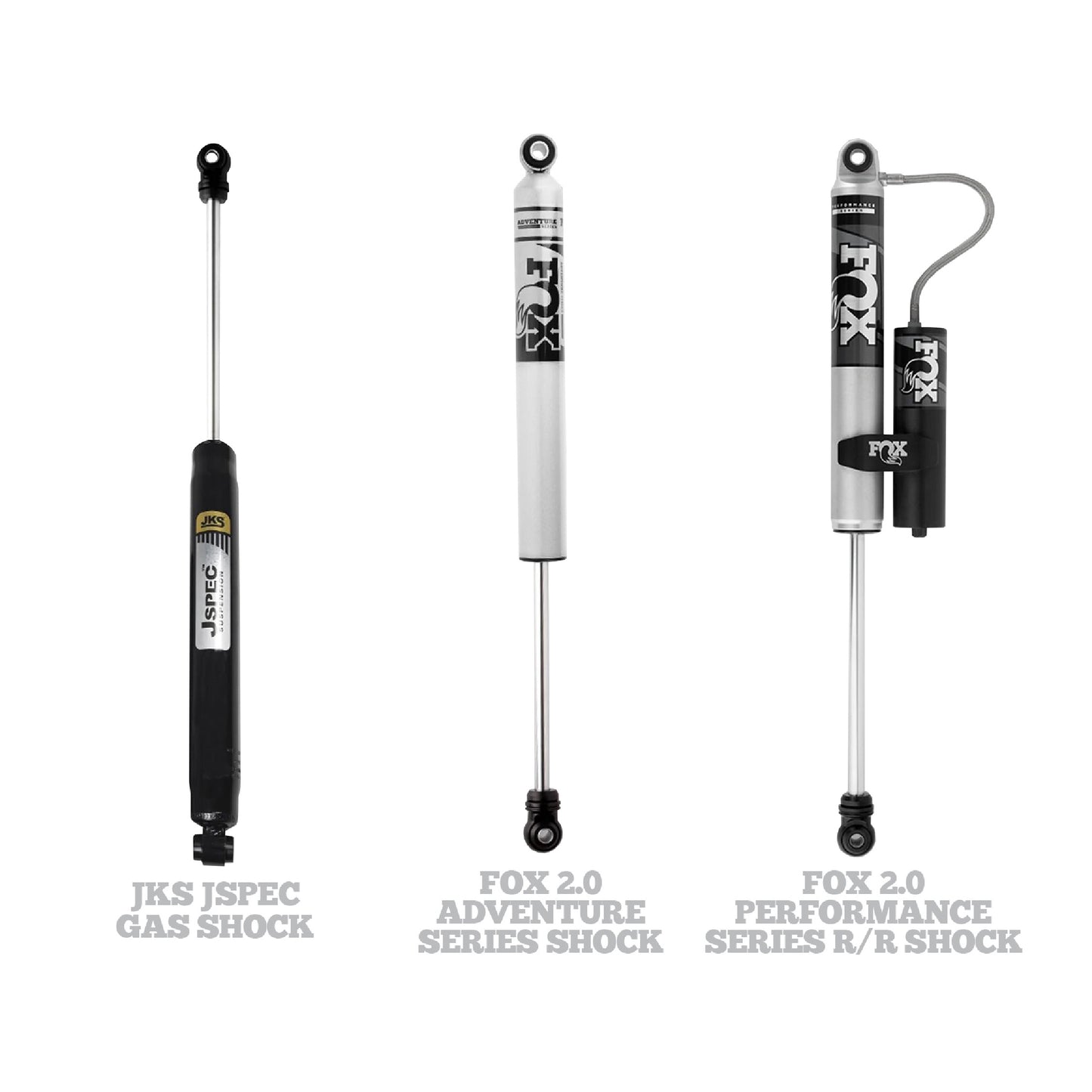 Four different types of JKS 3.5 Inch Jeep Wrangler JK (06-18) 2 Door J-Venture Lift Kit shock absorbers for suspension systems.