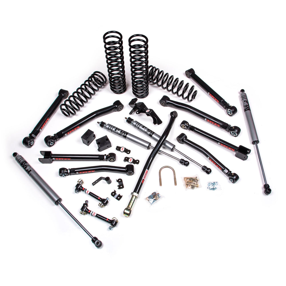 A JKS 3.5 Inch Jeep Wrangler JK (06-18) 2 Door J-Krawl Lift Kit for a jeep with offroad articulation and springs.