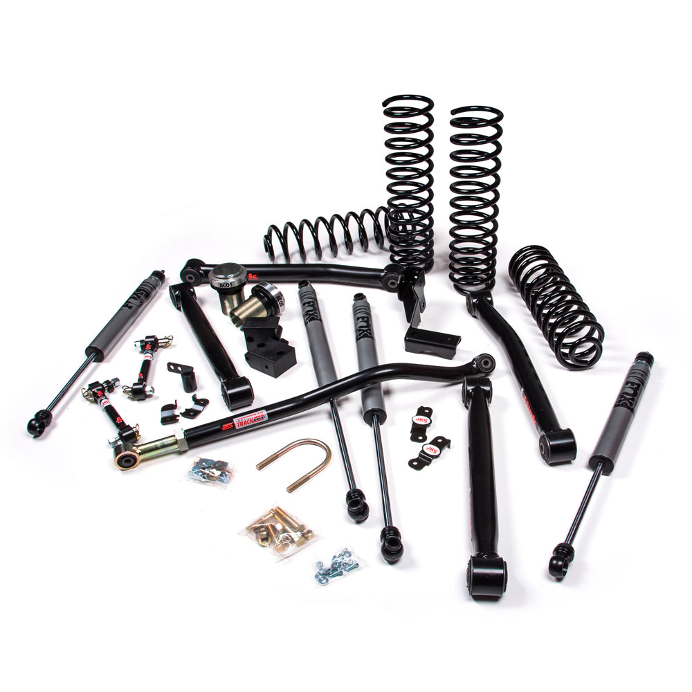 A JKS 3.5 Inch Jeep Wrangler JK (06-18) 2 Door J-Lander Lift Kit with offroad articulation and springs.