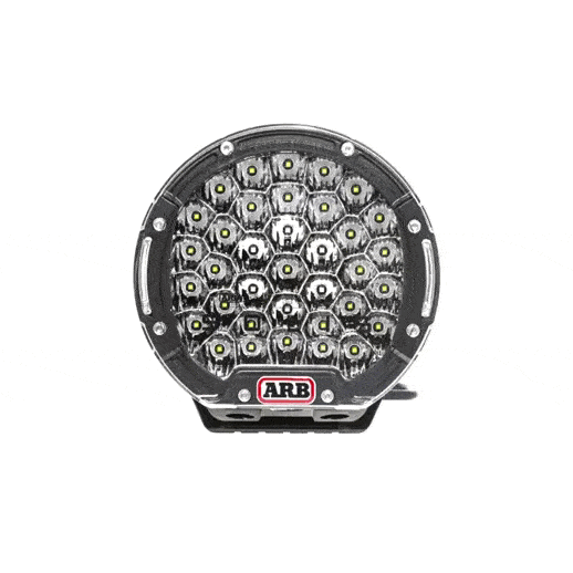A dimmable round ARB Intensity Solis 36 Flood Light SJB36F with adjustable bracket on a white background.