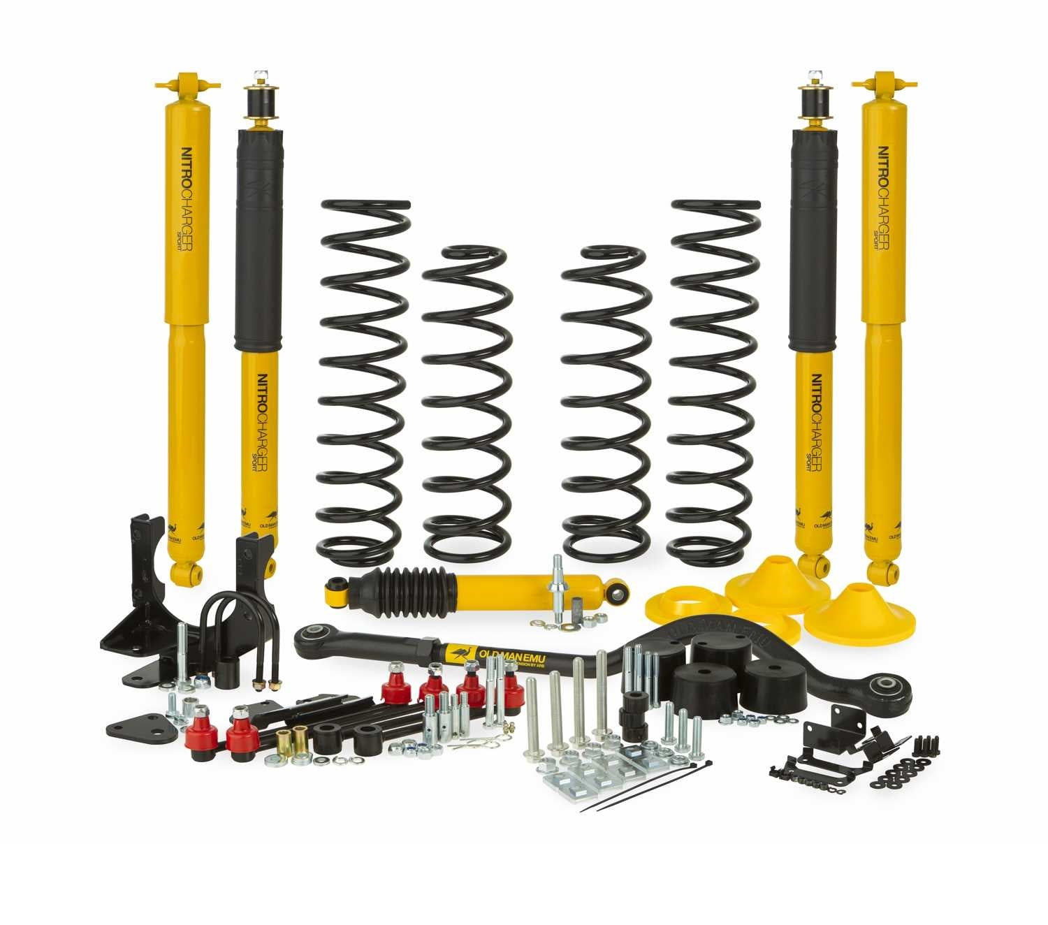 A yellow Old Man Emu 4 Inch Suspension System for (07-18) Jeep Wrangler JK OMEJK4RHD, specifically designed for the Jeep Wrangler JK, offering enhanced off-road drivability with high-performance springs.