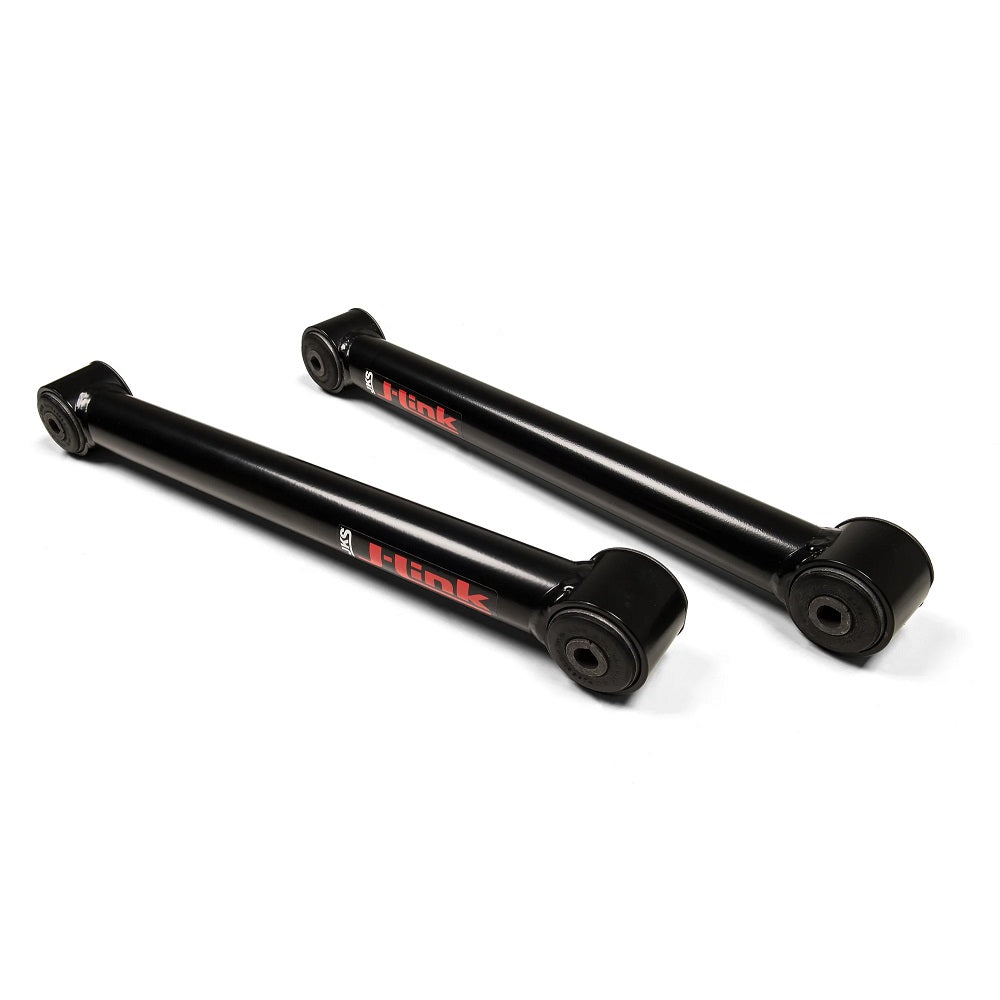 A pair of JKS J-Link Fixed Rear Lower Control Arms for Jeep Wrangler JL with superior strength and rubber bushings on a white background.