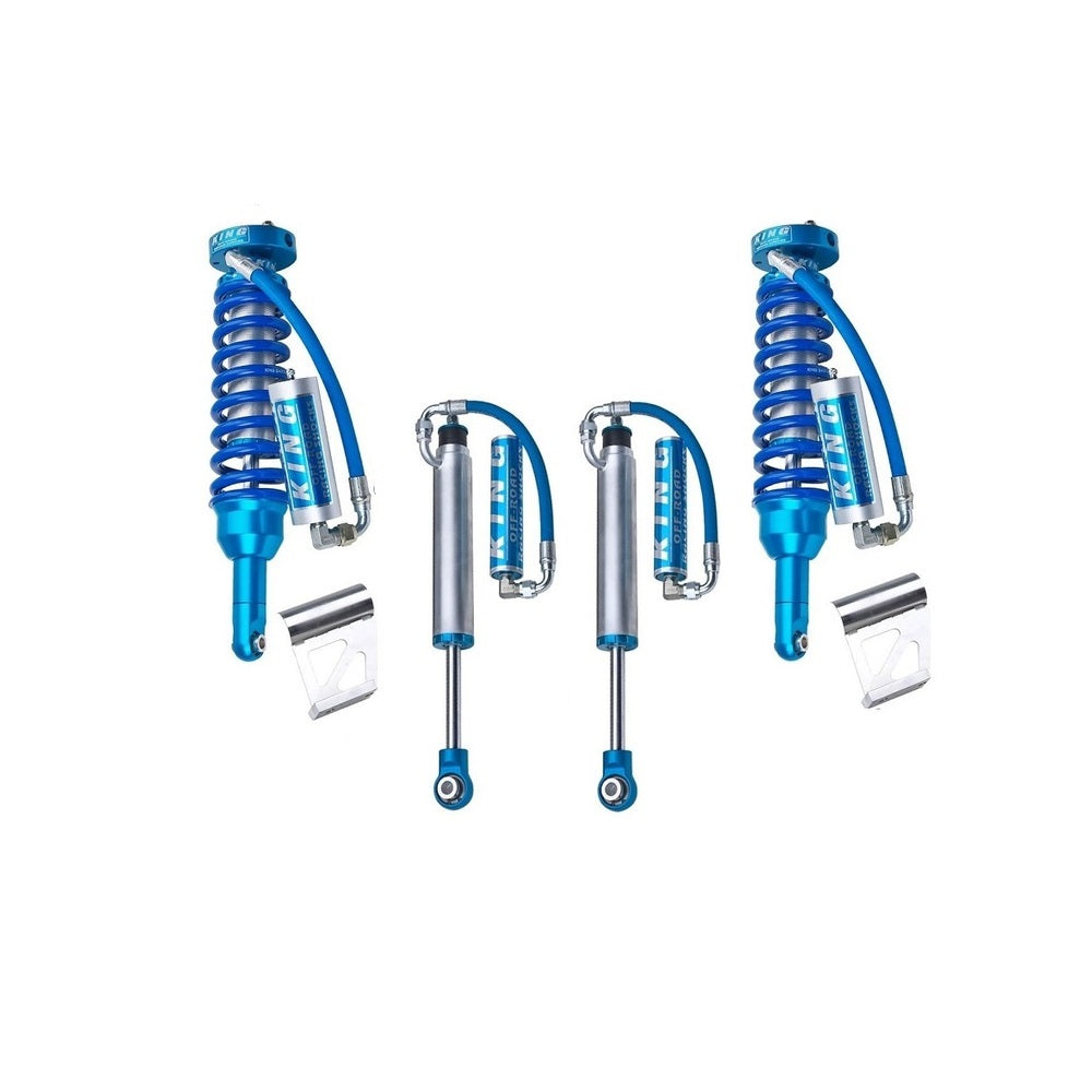 A set of King Shocks with blue damping characteristics and springs on a white background.