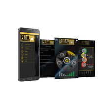 Load image into Gallery viewer, A smartphone with a yellow and black screen displaying the Pedal Commander app, featuring Bluetooth connectivity.