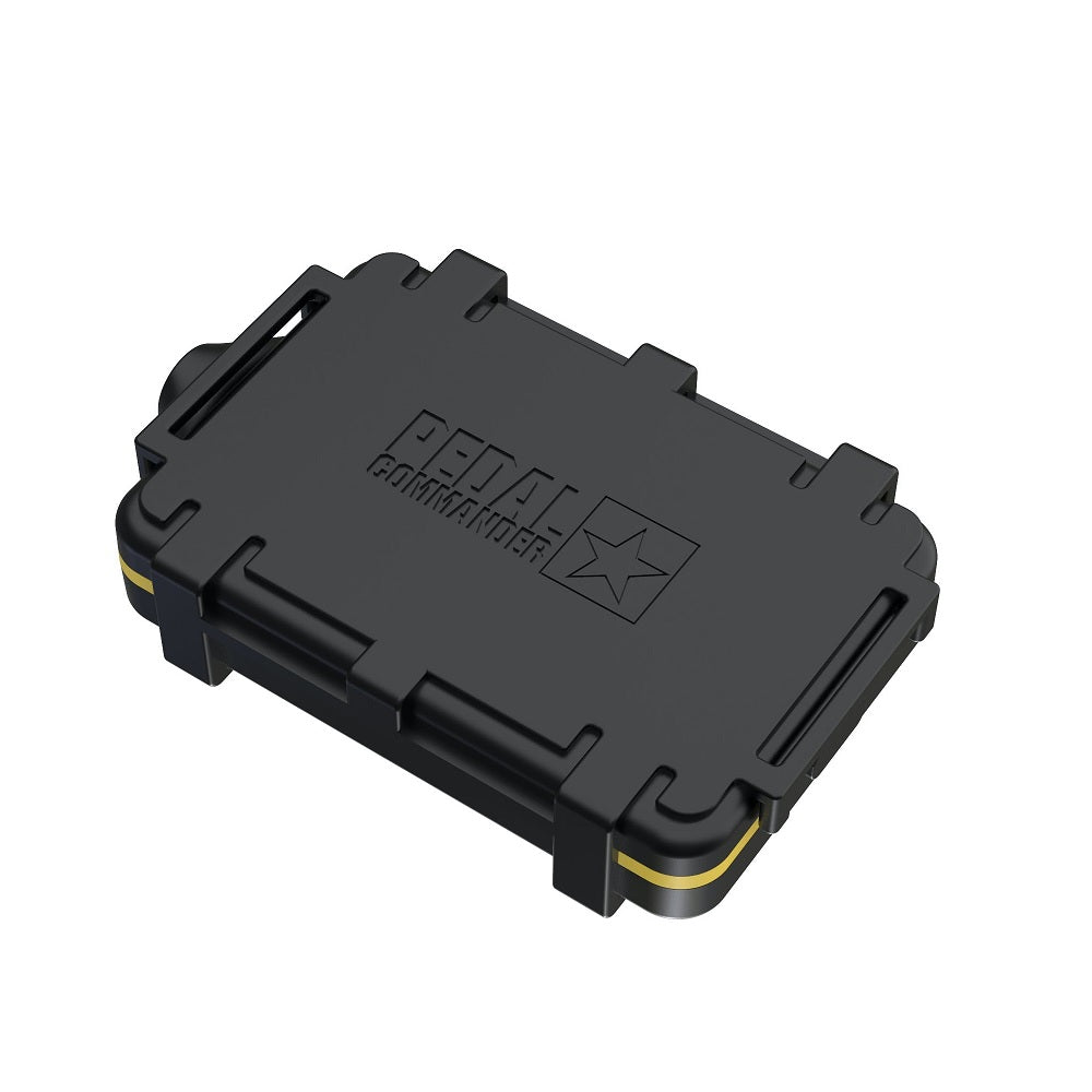 A Pedal Commander Bluetooth Throttle Controller PC27 for Toyota 4Runner, Tundra, LandCruiser 200 Series with a black box and a yellow and black lid, designed to enhance throttle response and reduce gas pedal delay with Bluetooth connectivity.