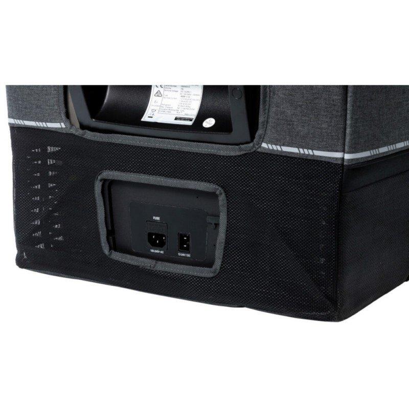 A black ARB Transit Bag for Classic Series II - 50 QT Fridge Freezer speaker with a black Transit Bag cover on it.