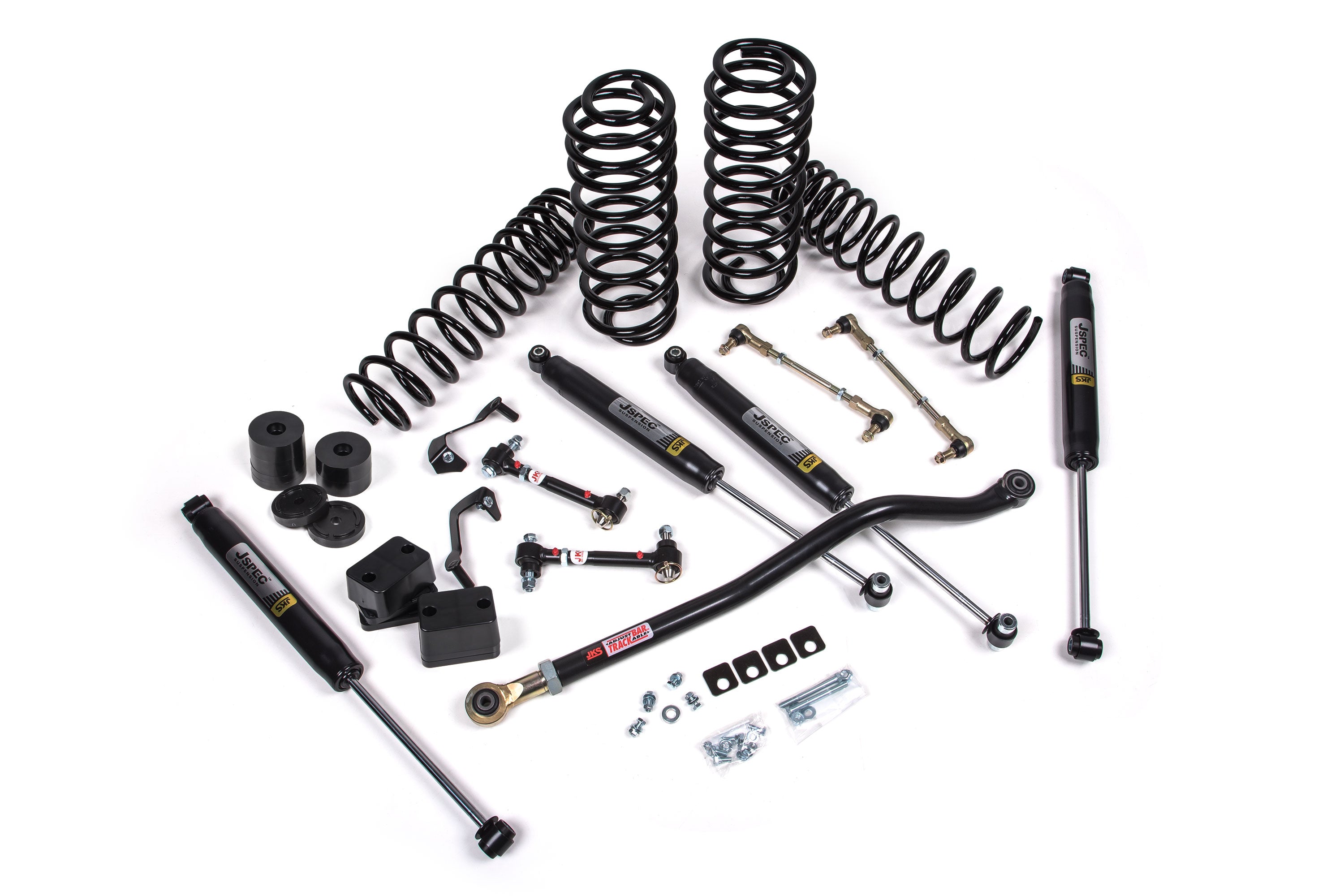 A JKS 3.5 Inch Jeep Wrangler JL (18-ON) 4 Door J-Venture Lift Kit for a jeep with dual rate coil springs and adjustable track bar.
