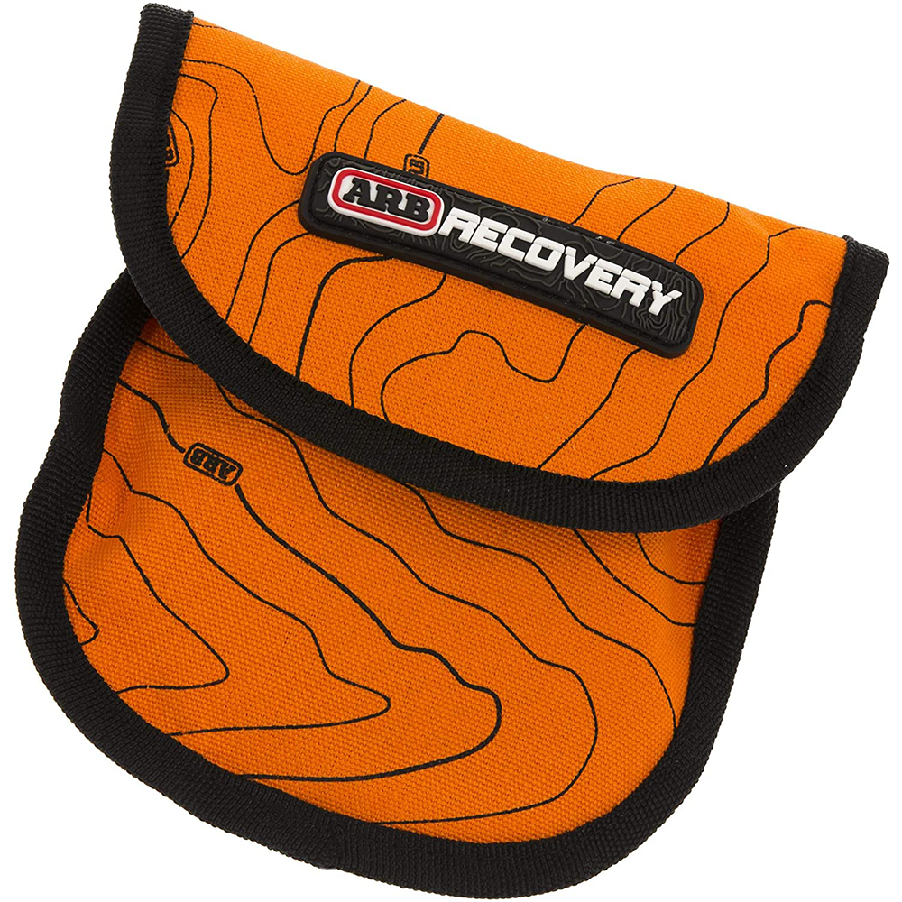 An orange and black ARB pouch with the word recovery on it, designed to hold an ARB E-Z Deflator Tire Deflator ARB505 for accurate PSI readings and tire pressure measurements.