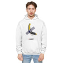 A stylish man wearing a cozy Mudify Art Basel Nitrocharger Hoodie with a banana on it.