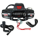 A Warn Industries VR-EVO10S Winch with Synthetic Rope -103253 equipped with a synthetic rope and controlled by a remote.