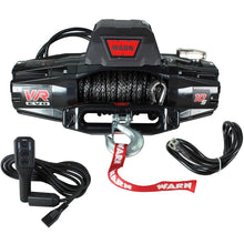 Load image into Gallery viewer, A Warn Industries VR-EVO10S Winch with Synthetic Rope -103253 equipped with a synthetic rope and controlled by a remote.