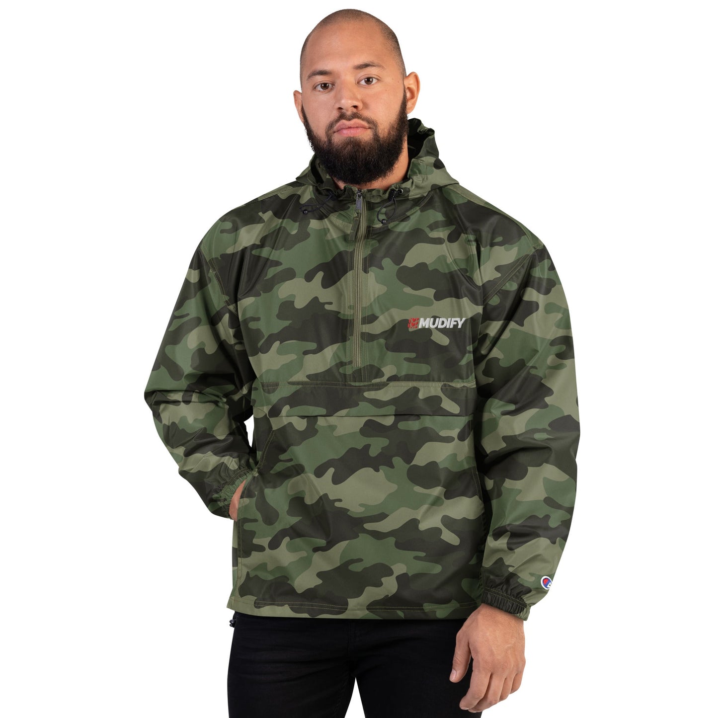 Mudify Embroidered Mudify packable camo anorak jacket, wind and rain resistant.