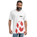 A man wearing a Mudify Premium T-shirt with a red and white design.