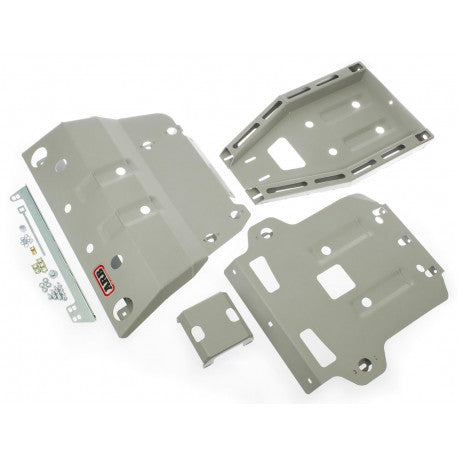 A set of ARB Under Vehicle Skid Plates System without kinetic (Non-KDSS) 5421100 components for underbody protection of a jeep wrangler, including gray bumper brackets.
