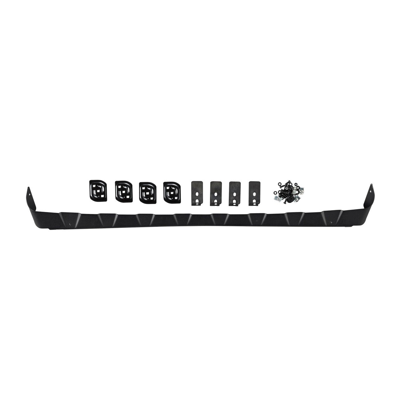 A set of black plastic parts and stainless steel hardware for a car, including the Base Rack Deflector For Toyota 4Runner (2010-2022) from ARB.