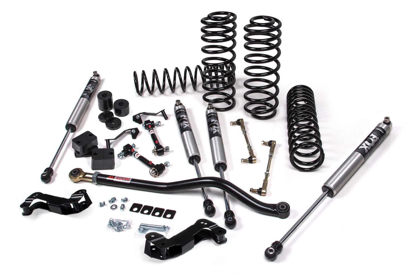 A JKS 2.5 Inch Jeep Wrangler JL (18-ON) 4 Door J-Kontrol Lift Kit, including springs and dampers, as a suspension system for a jeep with offroad articulation.
