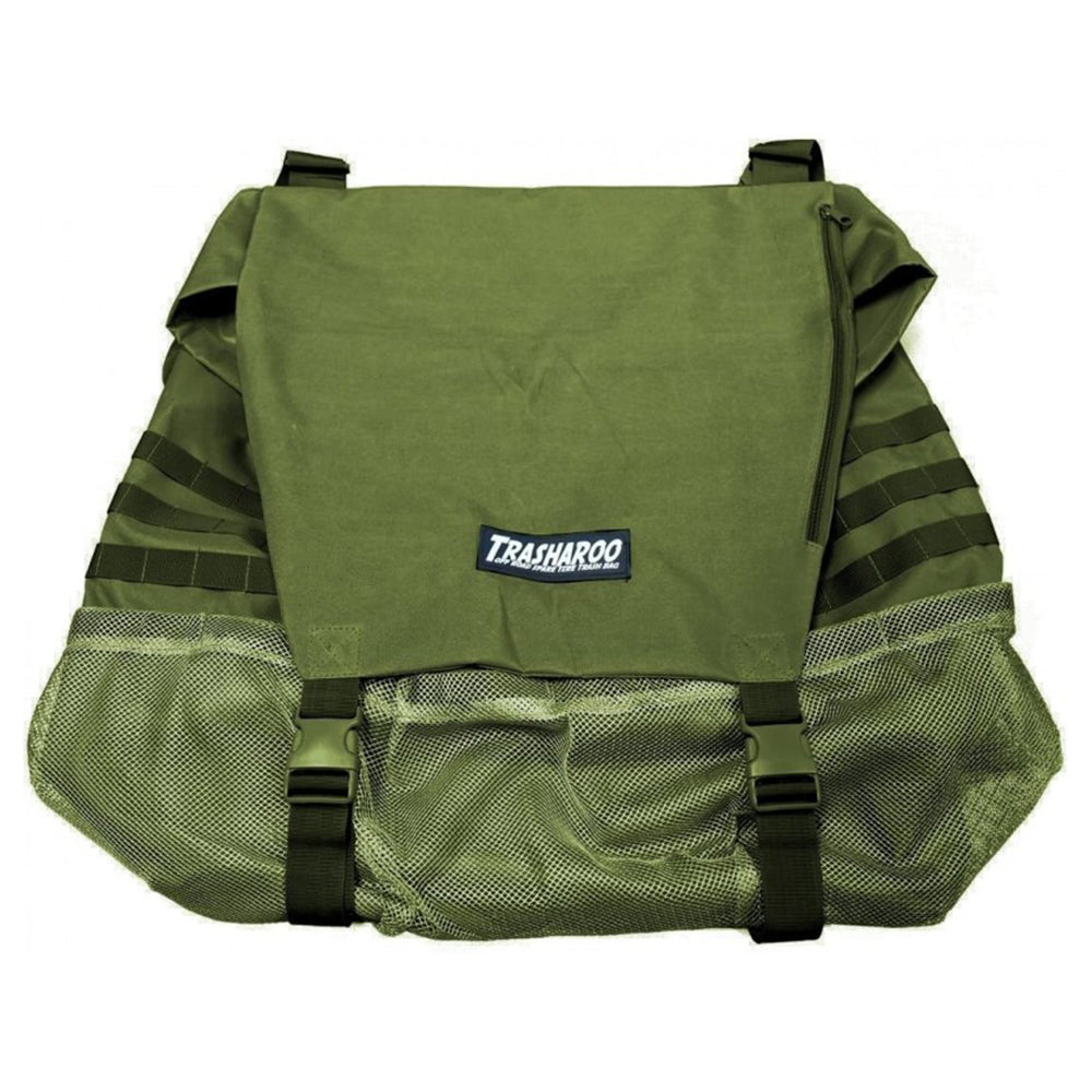A weather-resistant Trasharoo Spare Tire Trash Bag with a black strap.