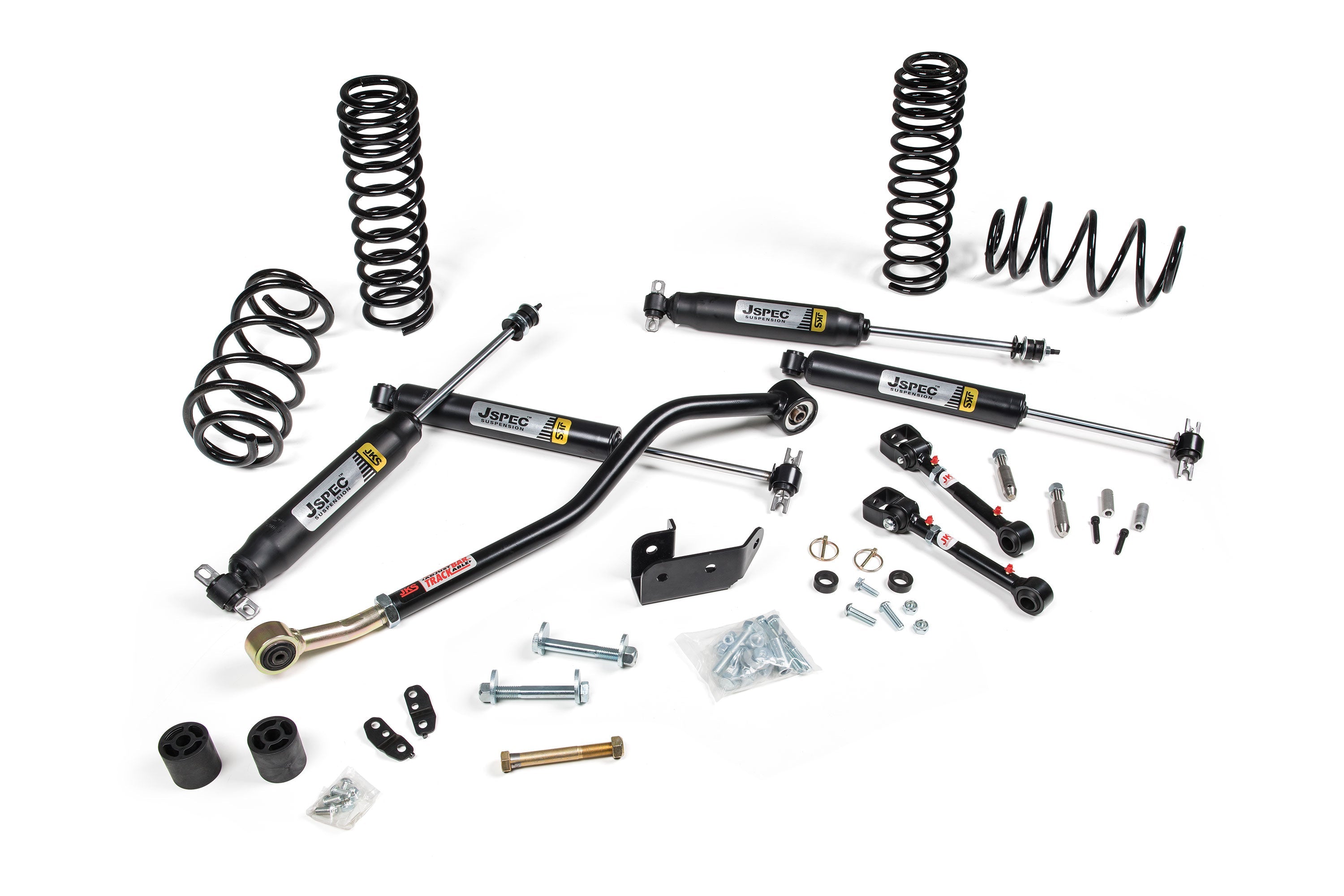 A JKS suspension kit for a Jeep Wrangler TJ (96-06) with dual rate coil springs and gas shocks, designed for easy installation.