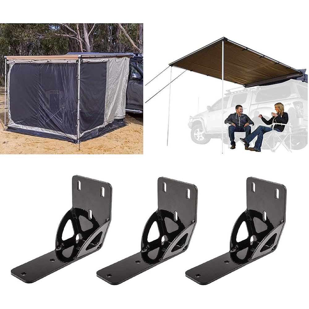Four pictures showcasing weather protection with an ARB Deluxe Awning Room With Floor 813108A and a tarp.