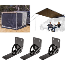 Load image into Gallery viewer, Four pictures showcasing weather protection with an ARB Deluxe Awning Room With Floor 813108A and a tarp.