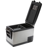 An ARB Classic Series II 63 Quarts Portable Fridge Freezer Electric Powered 12V/110V 10801602 with a lid open, featuring Bluetooth connectivity for a mobile application.