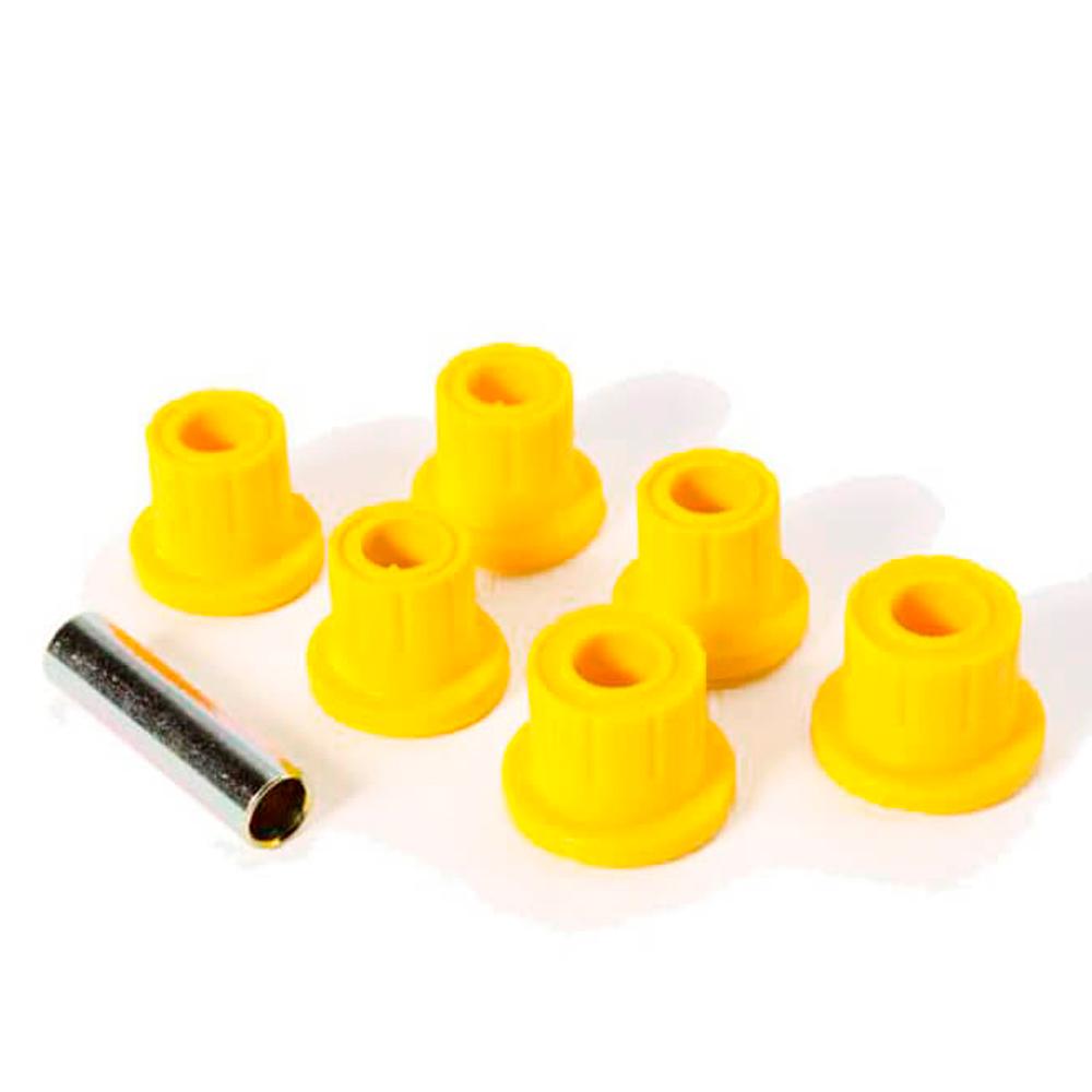 A set of yellow plastic OME Leaf Spring Bushing Kit OMESB108 on a white background, providing enhanced suspension for off-road drivability for Toyota Tacoma (1998-2022) Old Man Emu.