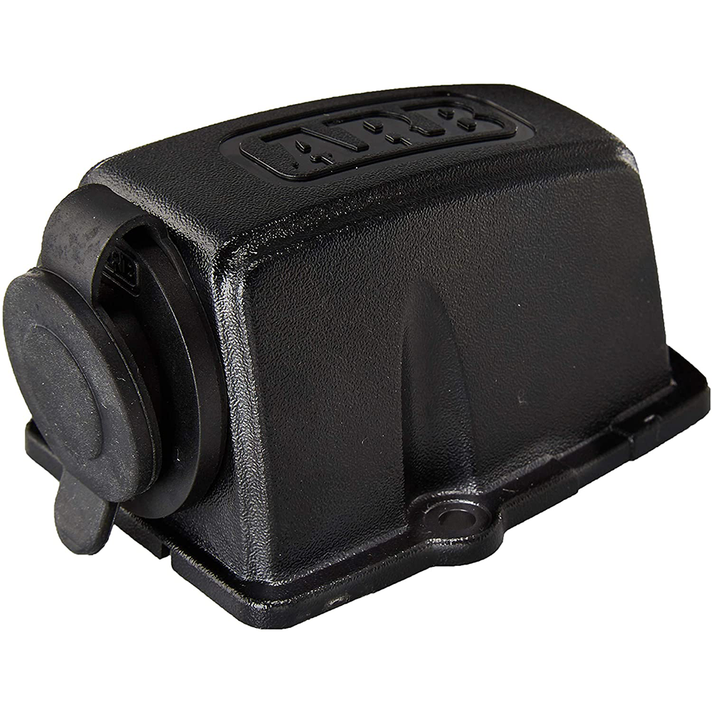 A high quality ARB black plastic cover with a lid on it for ARB Threaded Socket Surface Mount Outlet for ARB Fridge 10900028 installation.