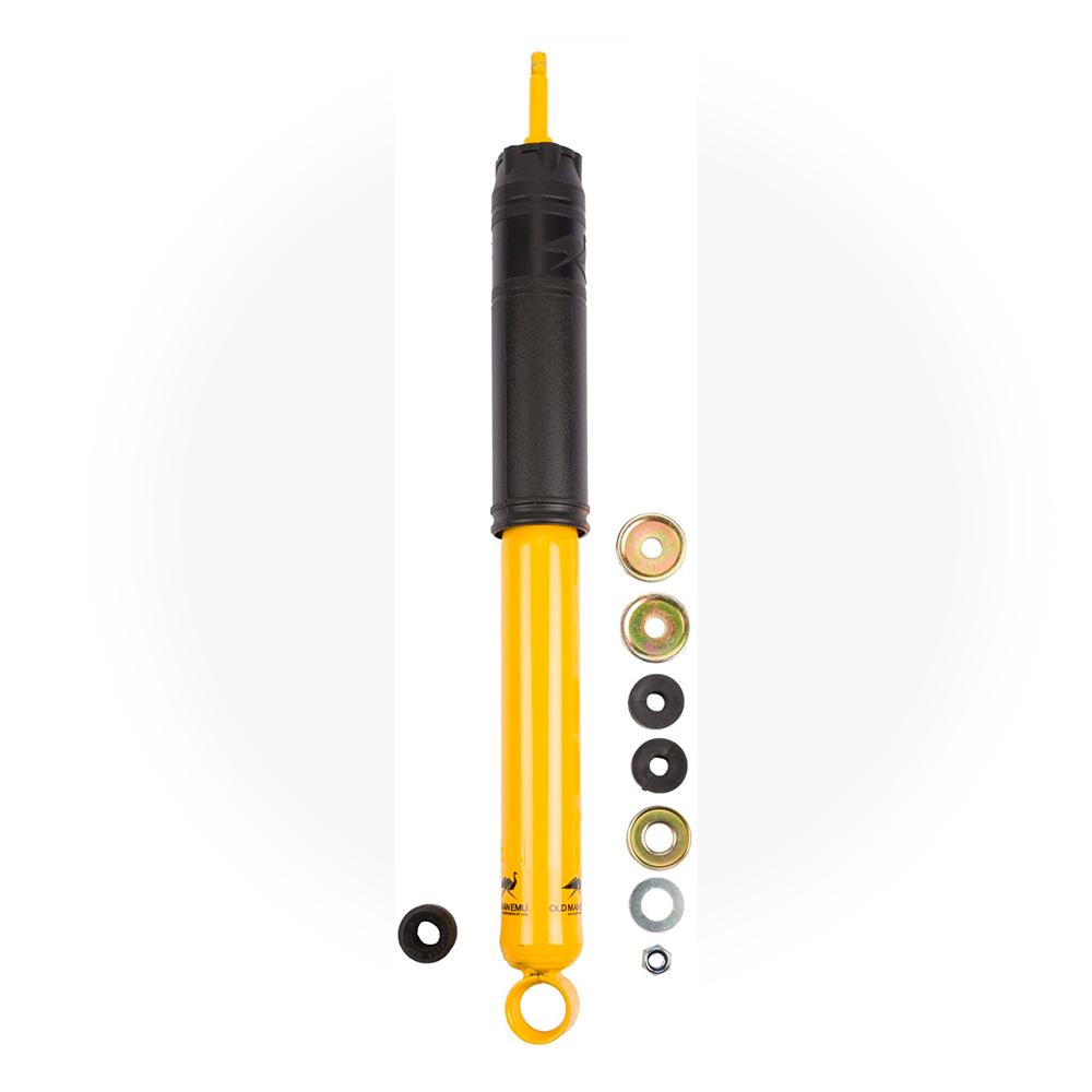 A yellow Old Man Emu shock absorber with a bolt and nut designed for optimal shock absorber performance.